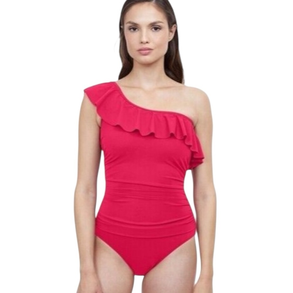 Profile by Gottex Red Tutti Ruffle One Pice Swimsuit One-Shoulder Size 10